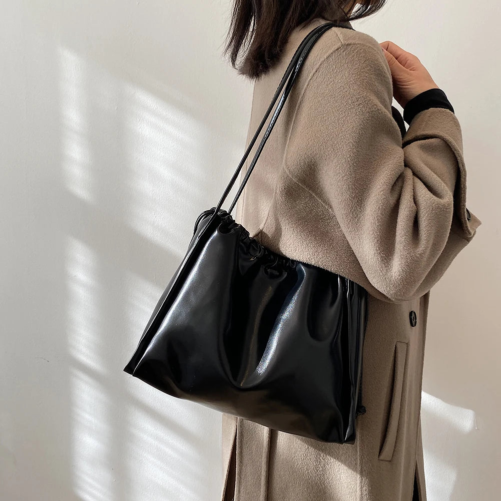 Women PU Leather Shoulder Bag Drawstring Solid Bucket Underarm Bag