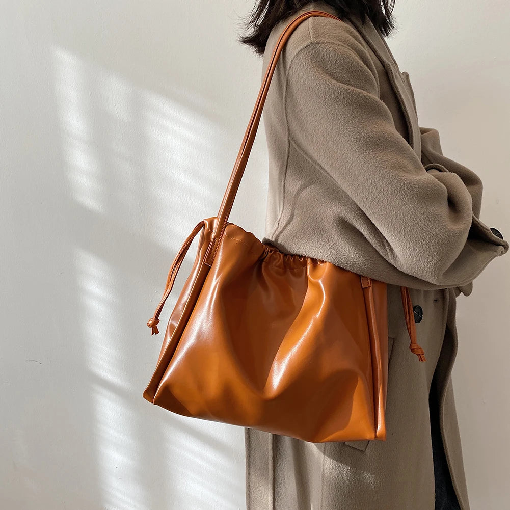 Women PU Leather Shoulder Bag Drawstring Solid Bucket Underarm Bag