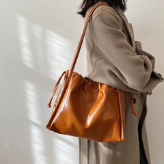 Women PU Leather Shoulder Bag Drawstring Solid Bucket Underarm Bag