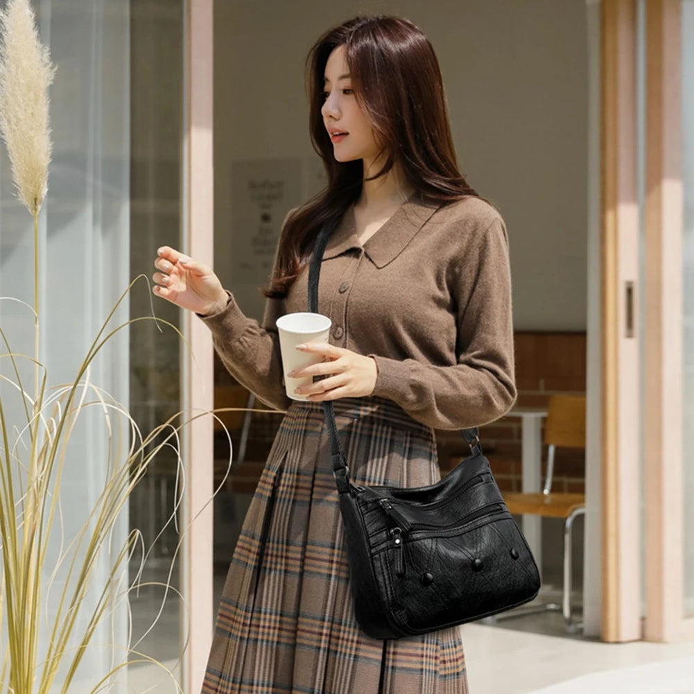 Women PU Leather Shoulder Bag Retro Crossbody Bags Zipper Messenger Bag