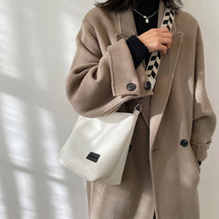 Women PU Leather Shoulder Bucket Bag Plaid Pattern Strap Shoulder Totes