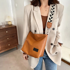 Women PU Leather Shoulder Bucket Bag Plaid Pattern Strap Shoulder Totes