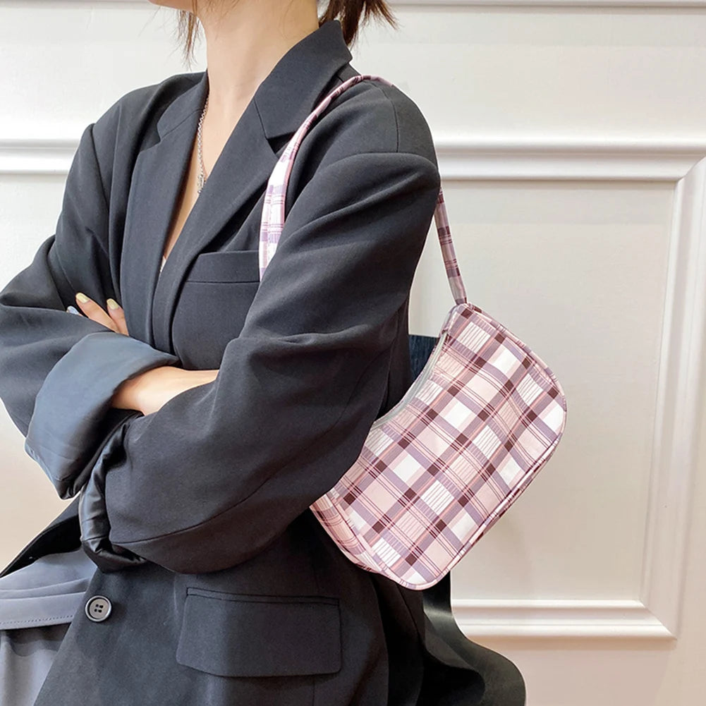Women Plaid Pattern Printing Shoulder Underarm Bags Casual Cloth Handbags