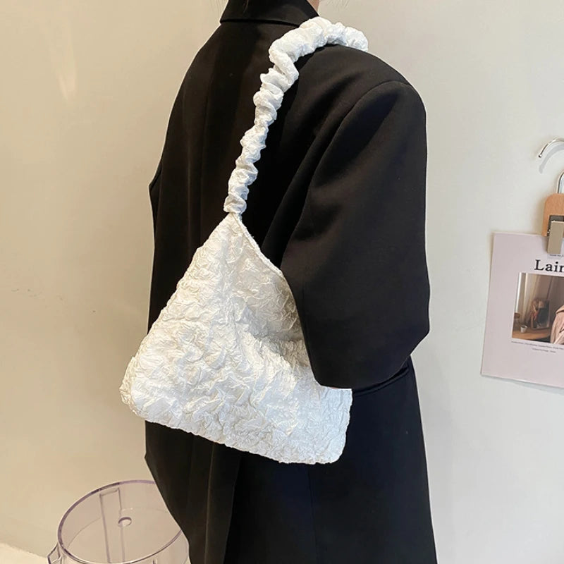 Women Pleated Shoulder Bag Solid Shopping Underarm Bags Casual Young Ladies
