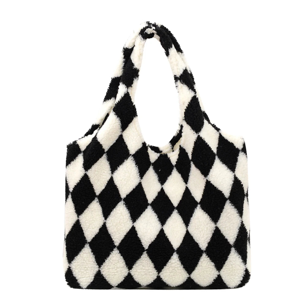 Women Plush Rhombus Printing Shoulder Tote Bag Large Capacity Handbags
