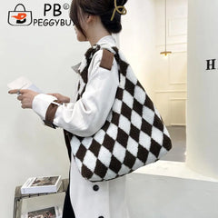 Women Plush Rhombus Printing Shoulder Tote Bag Large Capacity Handbags
