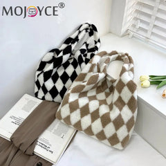 Women Plush Rhombus Printing Shoulder Tote Bag Large Capacity Handbags