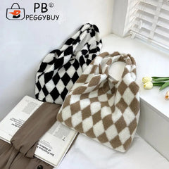 Women Plush Rhombus Printing Shoulder Tote Bag Large Capacity Handbags