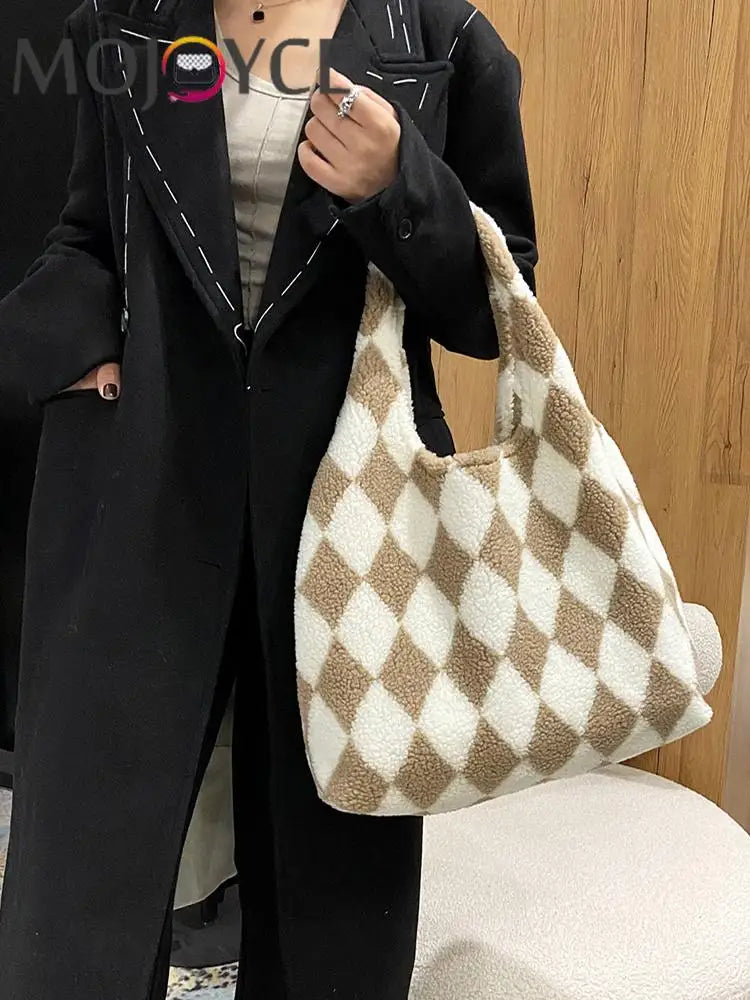 Women Plush Rhombus Printing Shoulder Tote Bag Large Capacity Handbags
