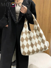 Women Plush Rhombus Printing Shoulder Tote Bag Large Capacity Handbags