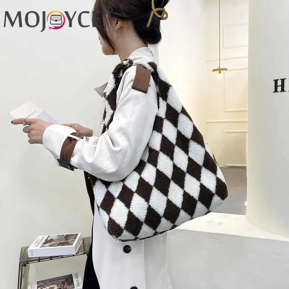 Women Plush Rhombus Printing Shoulder Tote Bag Large Capacity Handbags