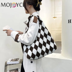 Women Plush Rhombus Printing Shoulder Tote Bag Large Capacity Handbags
