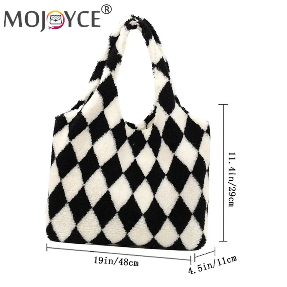 Women Plush Rhombus Printing Shoulder Tote Bag Large Capacity Handbags