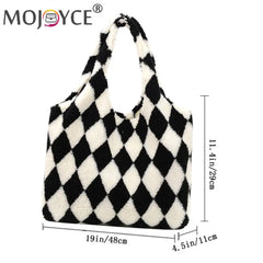 Women Plush Rhombus Printing Shoulder Tote Bag Large Capacity Handbags