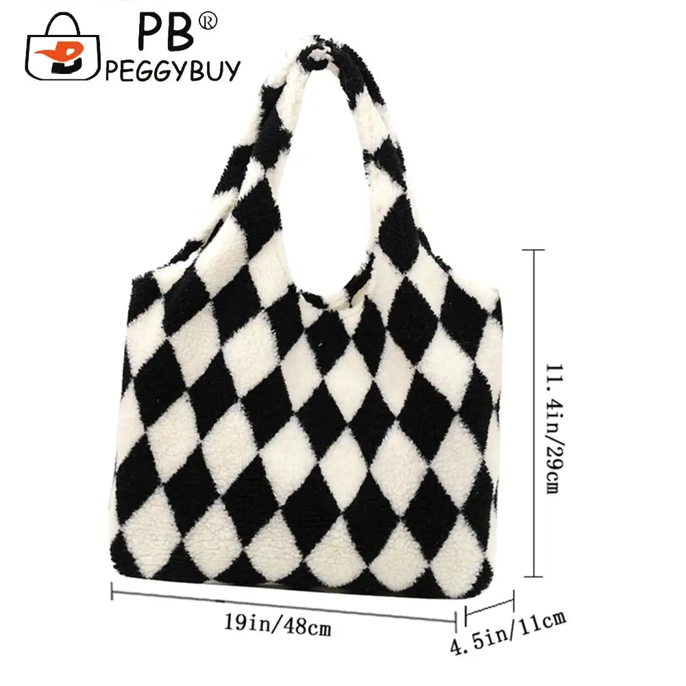 Women Plush Rhombus Printing Shoulder Tote Bag Large Capacity Handbags
