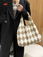 Women Plush Rhombus Printing Shoulder Tote Bag Large Capacity Handbags