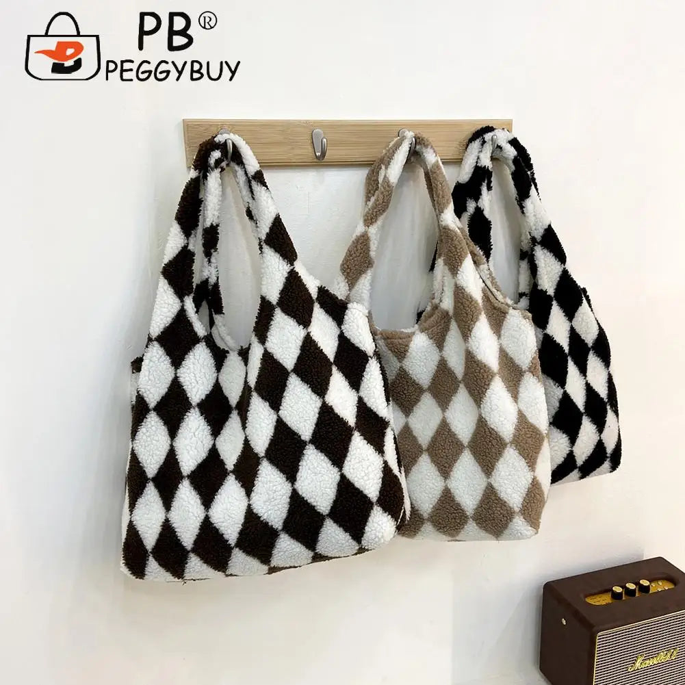 Women Plush Rhombus Printing Shoulder Tote Bag Large Capacity Handbags