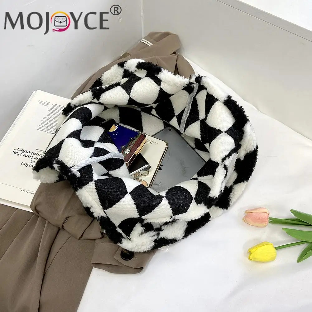 Women Plush Rhombus Printing Shoulder Tote Bag Large Capacity Handbags
