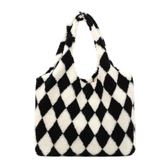 Women Plush Rhombus Printing Shoulder Tote Bag Large Capacity Handbags
