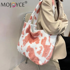 Plush Cow Milk Pattern Print Shoulder Bag Women's Casual Winter Underarm Bag