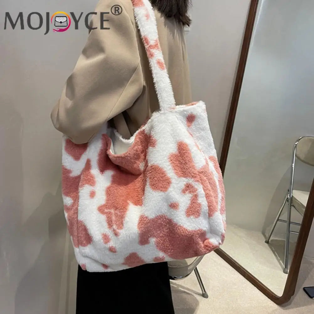 Plush Cow Milk Pattern Print Shoulder Bag Women's Casual Winter Underarm Bag