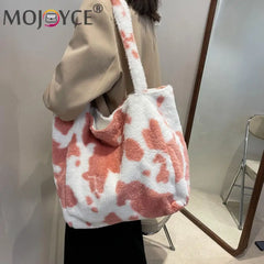 Plush Cow Milk Pattern Print Shoulder Bag Women's Casual Winter Underarm Bag
