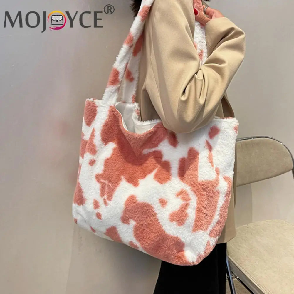 Plush Cow Milk Pattern Print Shoulder Bag Women's Casual Winter Underarm Bag