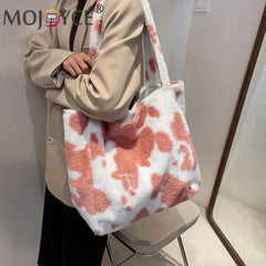 Plush Cow Milk Pattern Print Shoulder Bag Women's Casual Winter Underarm Bag