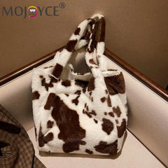 Plush Cow Milk Pattern Print Shoulder Bag Women's Casual Winter Underarm Bag