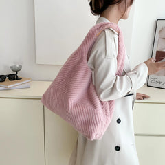Soft Plush Shoulder Bag Fur Rhombus Pattern Tote for Women Girls