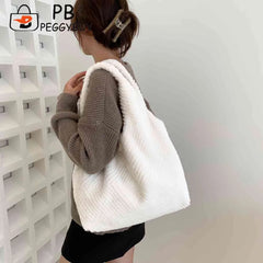 Soft Plush Niche Shopper Bag Fluffy Furs Rhombus Pattern Portable Solid