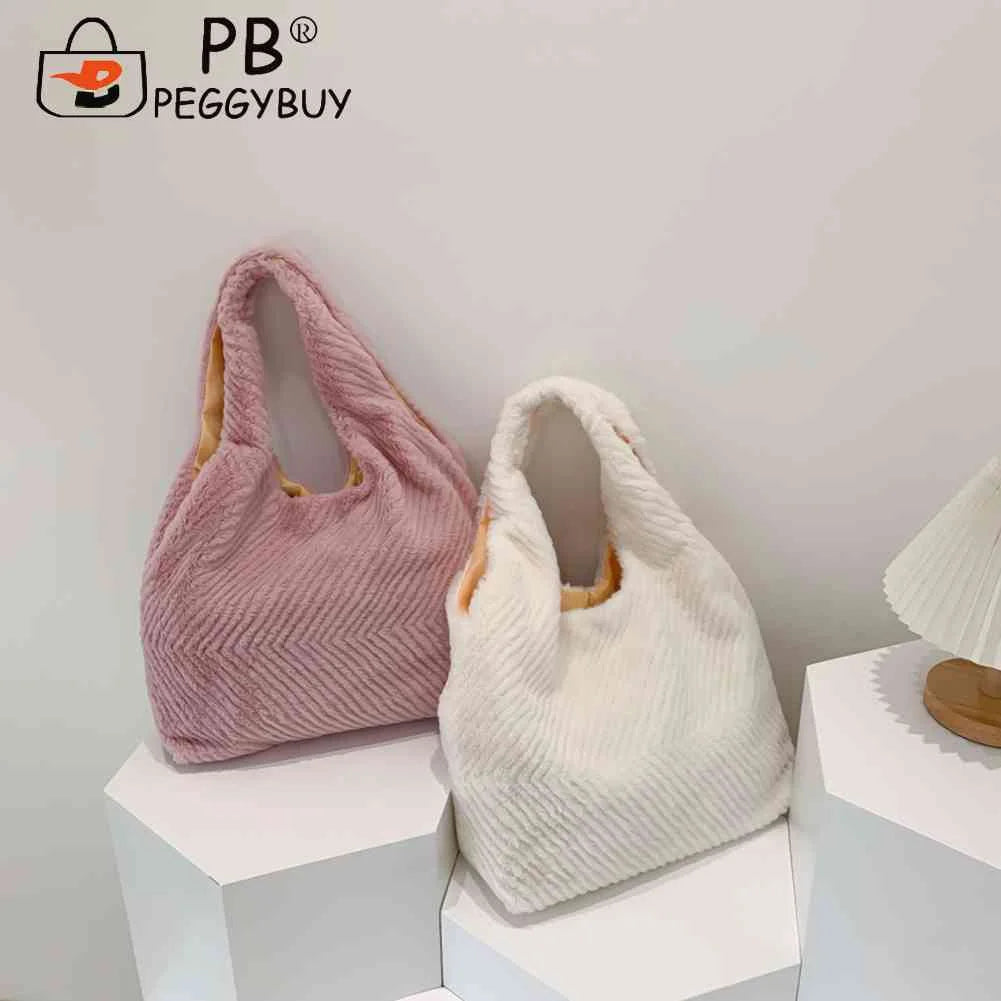 Soft Plush Niche Shopper Bag Fluffy Furs Rhombus Pattern Portable Solid