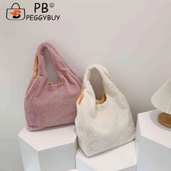 Soft Plush Niche Shopper Bag Fluffy Furs Rhombus Pattern Portable Solid