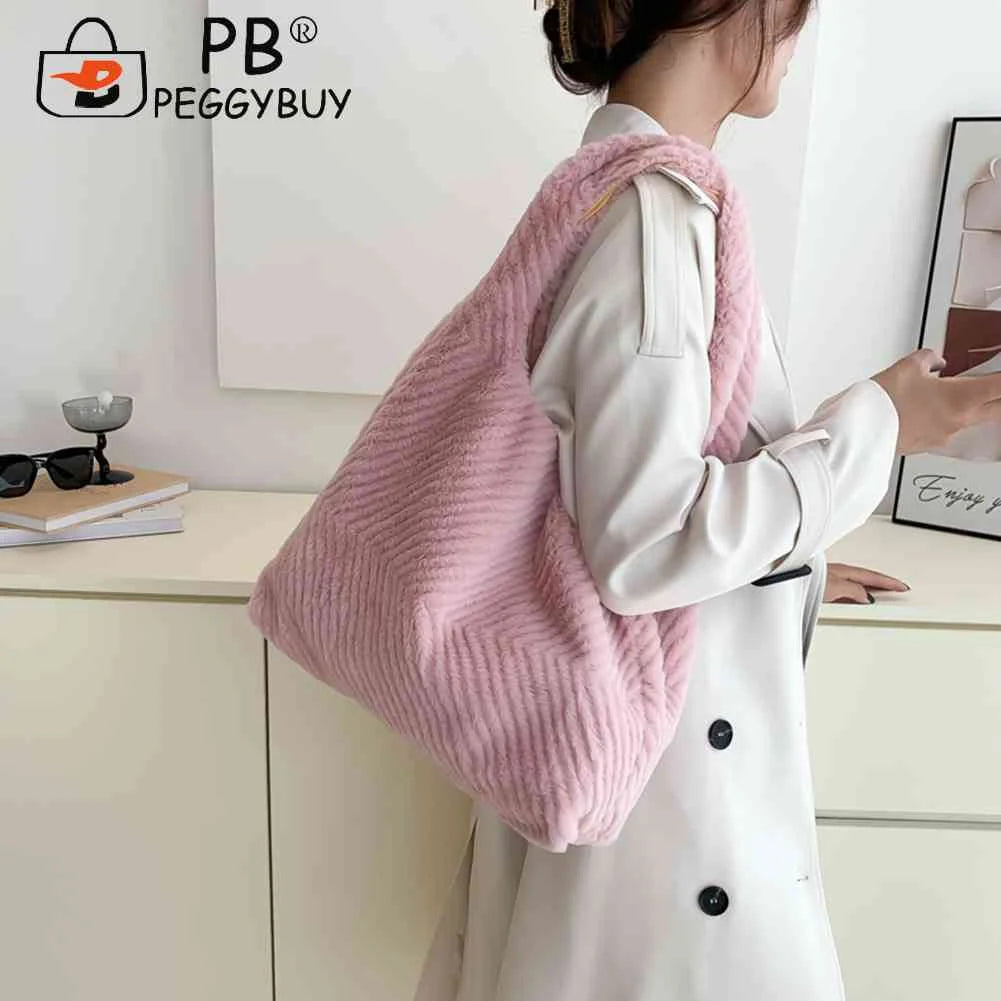 Soft Plush Niche Shopper Bag Fluffy Furs Rhombus Pattern Portable Solid