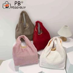 Soft Plush Niche Shopper Bag Fluffy Furs Rhombus Pattern Portable Solid