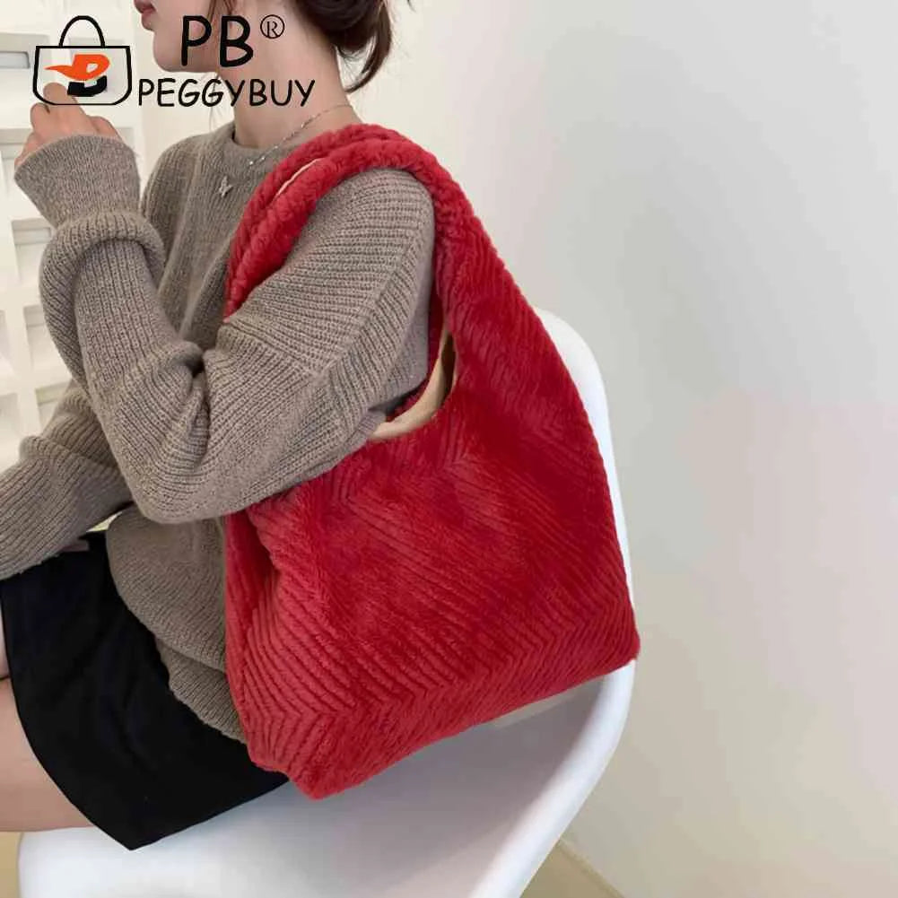 Soft Plush Niche Shopper Bag Fluffy Furs Rhombus Pattern Portable Solid