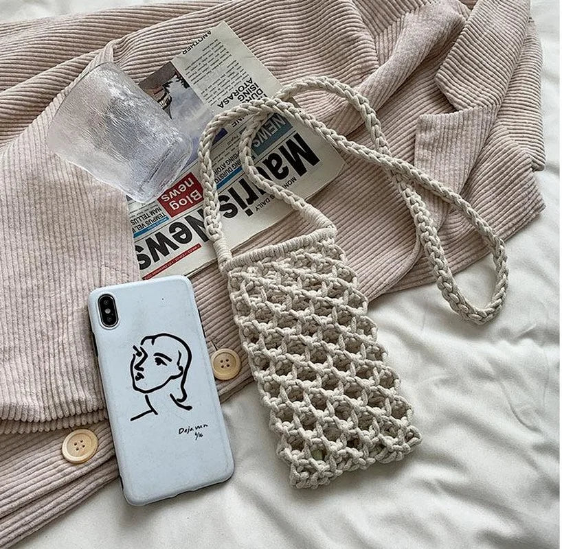 Women Small Crossbody Phone Bag Hollow-Out Woven Crochet Lightweight Handbag