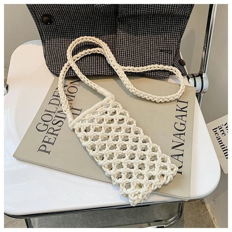 Women Small Crossbody Phone Bag Hollow-Out Woven Crochet Lightweight Handbag