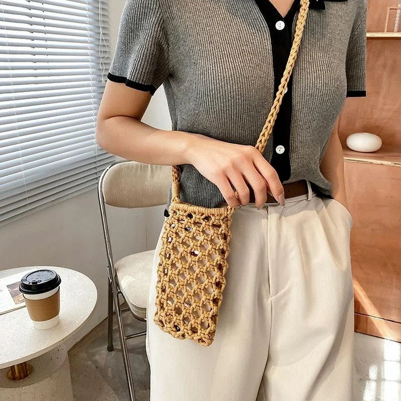 Women Small Crossbody Phone Bag Hollow-Out Woven Crochet Lightweight Handbag