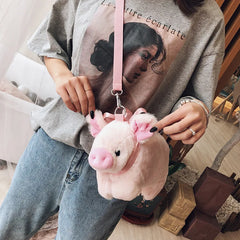 Women Soft Purse Cartoon Handbags Pig Shoulder Bag Plush Stuffed Animal