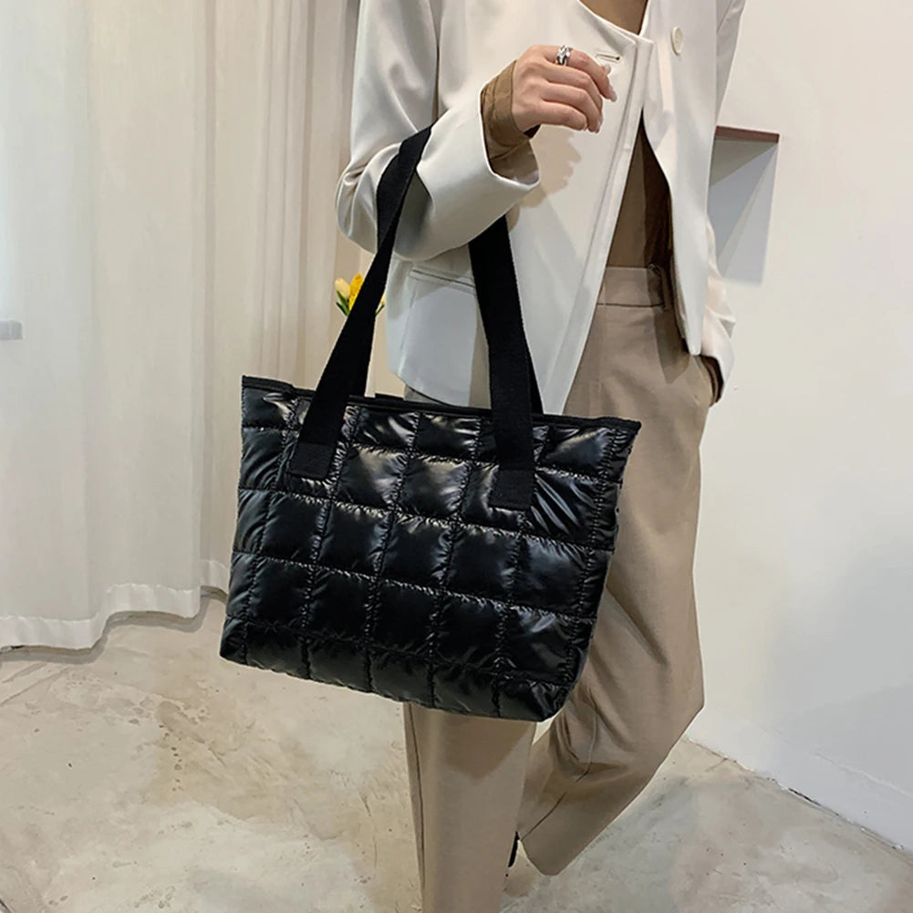 Women Solid Tote Shoulder Bags Quilted Winter Nylon Cloth Bag Handbags