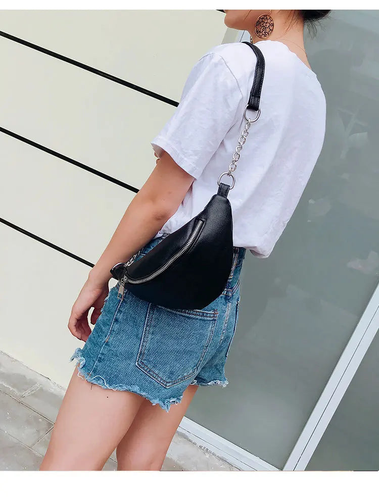 Women Solid Waist Fanny Pack PU Leather Money Belt Travel Bag