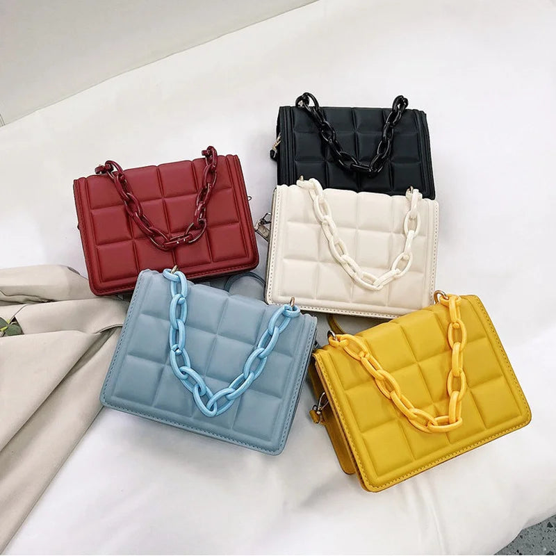 Women Grid Embossed Metal Chain Crossbody Bag Mini Purse Handbag