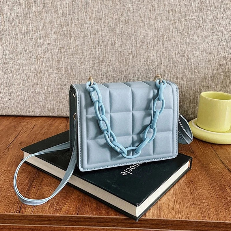Women Grid Embossed Metal Chain Crossbody Bag Mini Purse Handbag