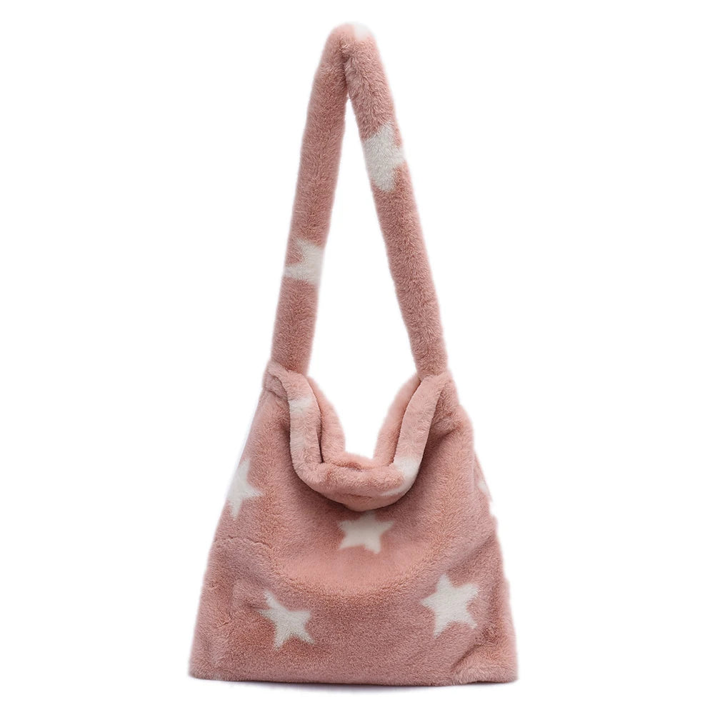Women Star Heart Print Plush Shopping Bags Ladies Winter Shoulder Bag