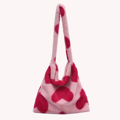 Women Star Heart Print Plush Shopping Bags Ladies Winter Shoulder Bag
