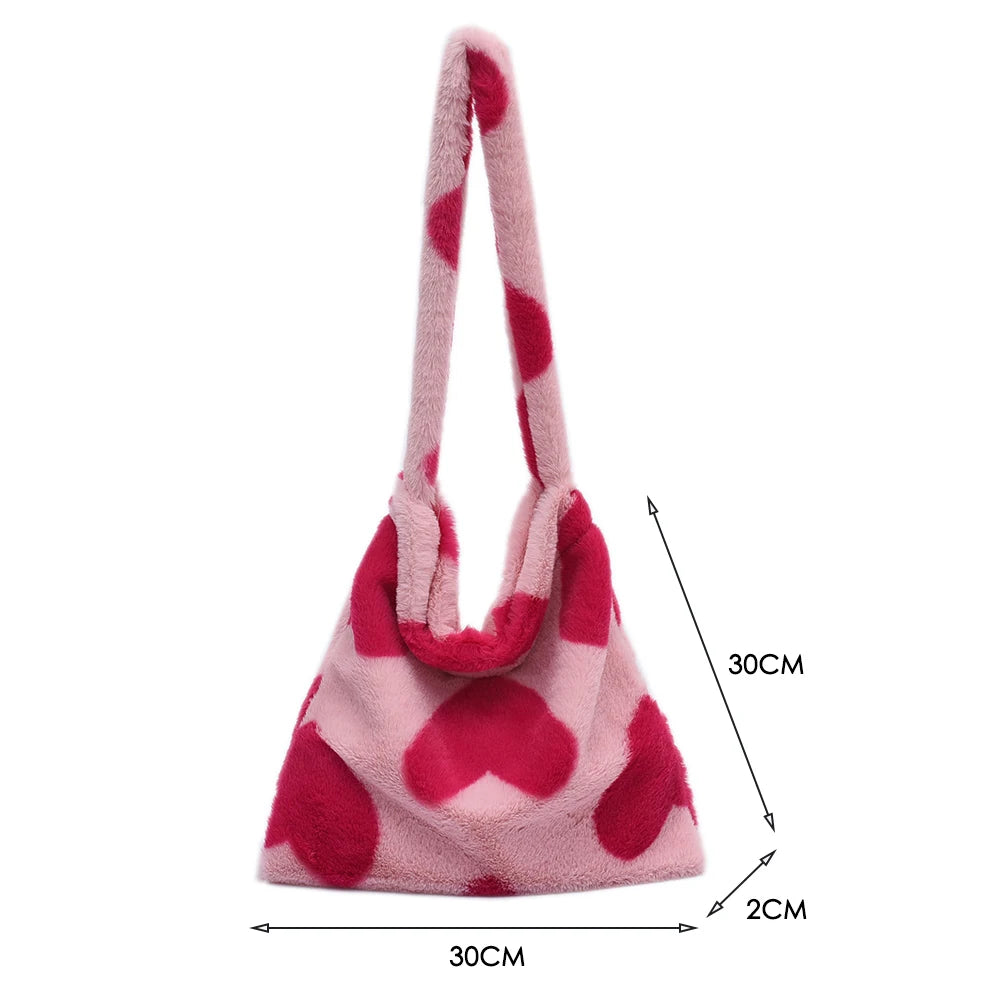 Women Star Heart Print Plush Shopping Bags Ladies Winter Shoulder Bag