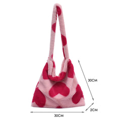 Women Star Heart Print Plush Shopping Bags Ladies Winter Shoulder Bag