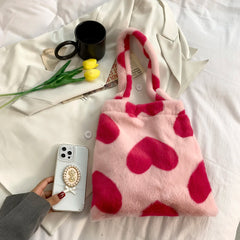 Women Star Heart Print Plush Shopping Bags Ladies Winter Shoulder Bag