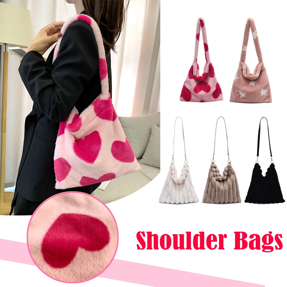 Women Star Heart Print Plush Shopping Bags Ladies Winter Shoulder Bag